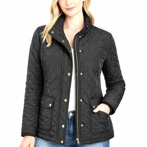J. Crew Black Quilted Zip Snap Jacket Down Fill Winter Coat Preppy Womens Size L